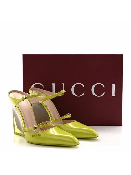 Gucci Shoes - Gucci Lime Green Patent Leather Mary Jane Wedge Heels